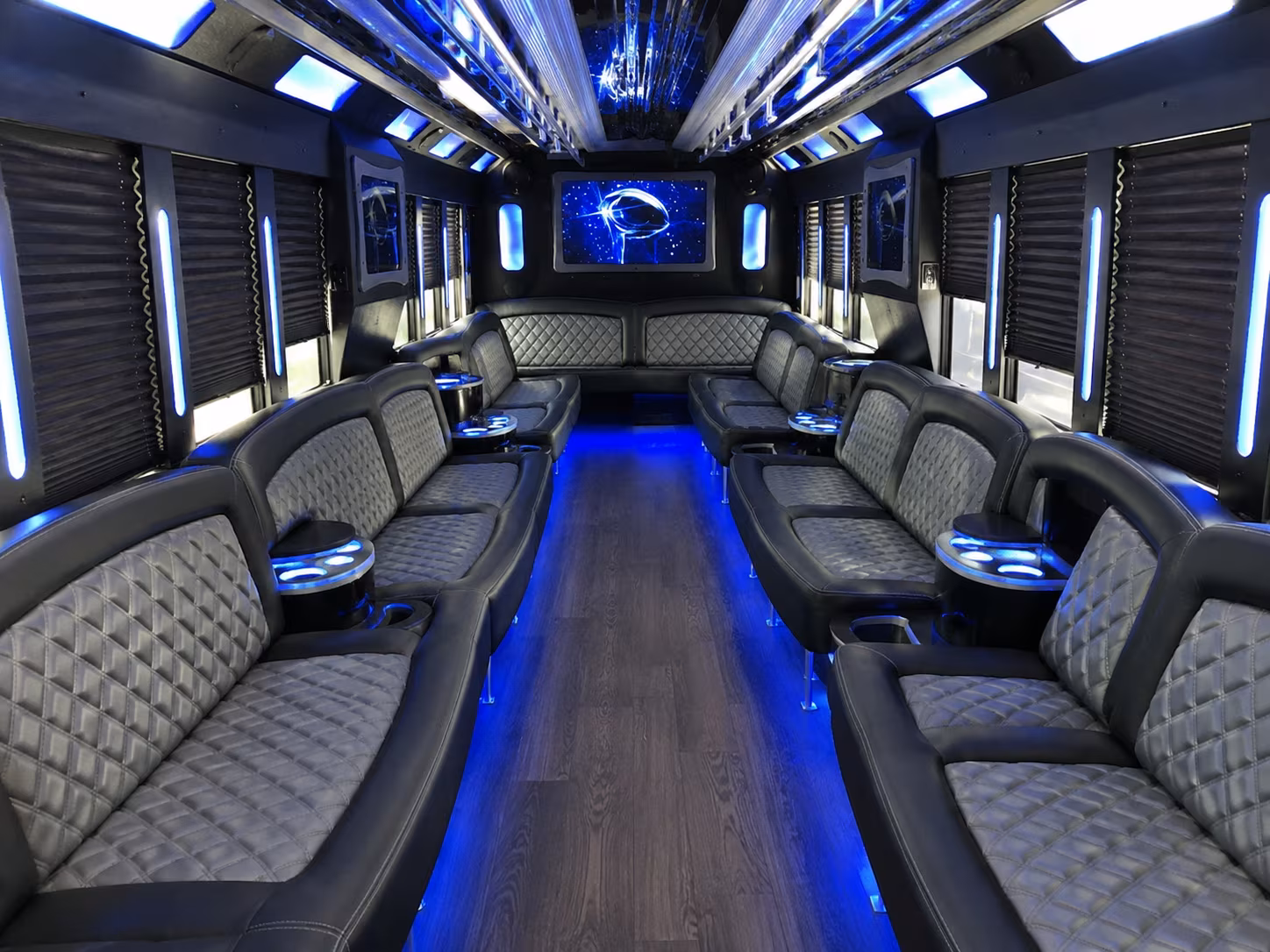 Interior of a party bus rental serving Orlando